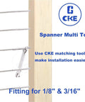 Spanner tool on cable railing with 1/8" cable on wooden post, part of 72 Pack T316 Stainless Steel Left and Right Handed Swage Lag Screws For Wood Posts And One Eighth Inch Cable Deck Railing Kit For Stair Railing DIY Cable Railing Hardware Includes Drill Bit And Wrenches.