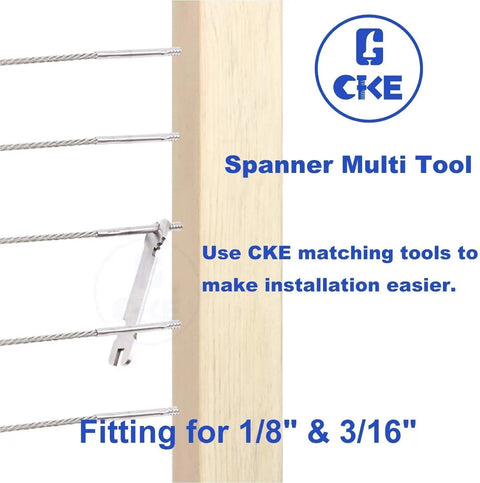 Spanner tool on cable railing with 1/8" cable on wooden post, part of 72 Pack T316 Stainless Steel Left and Right Handed Swage Lag Screws For Wood Posts And One Eighth Inch Cable Deck Railing Kit For Stair Railing DIY Cable Railing Hardware Includes Drill Bit And Wrenches.