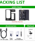 Upgrade Your Portable Rig Into A Desktop Beast With This Thunderbolt 3 And 4 eGPU Enclosure Packing list with eGPU dock, TB4 cable, accessories, and manual.