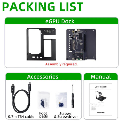Upgrade Your Portable Rig Into A Desktop Beast With This Thunderbolt 3 And 4 eGPU Enclosure Packing list with eGPU dock, TB4 cable, accessories, and manual.