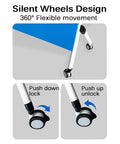 Folding Computer Desk featuring a blue surface and silent wheels for flexible movement, highlighting locking mechanism.