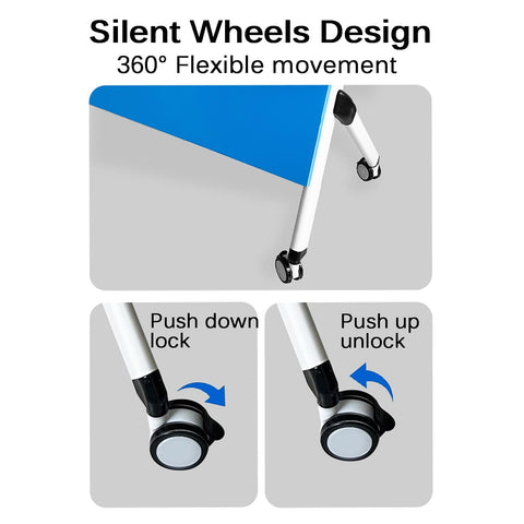 Folding Computer Desk featuring a blue surface and silent wheels for flexible movement, highlighting locking mechanism.