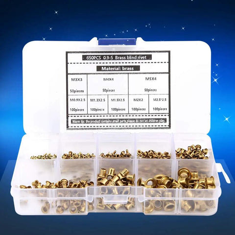 650 Pcs Solid Brass Eyelets Rivets Kit stored neatly in plastic organizer, featuring various sizes for craft and leather projects.