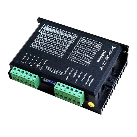 Front view of DM556 CNC digital stepper driver with two green screw-terminal blocks.