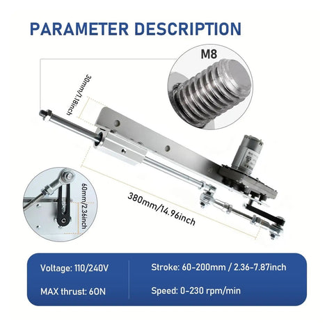 Heavy Duty Reciprocating Linear Actuator 12 Volt 24 Volt Dc Motor 6 To 20 Cm Stroke Push Rod full view with mounting details.