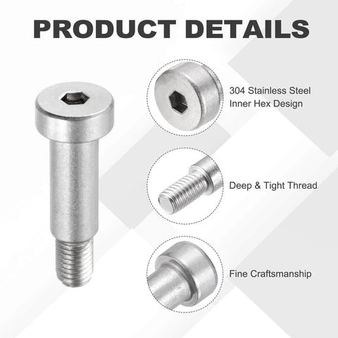 Two Pack 304 Stainless Steel Shoulder Bolts With Hex Socket, 10mm Shoulder Diameter, 20mm Shoulder Length, M8x1.25 Thread