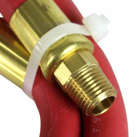 Detail of Heavy Duty 3 Foot 3/8 Air Hose Extender with brass connector and red tubing for smooth tool use.