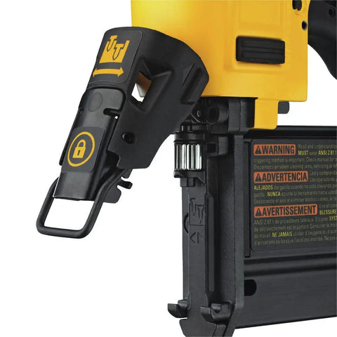 23 Gauge Pin Nailer For Finishing And Trim, Drives 2 Inch Pins Recessed Into Oak, tool-free jam release mechanism close-up