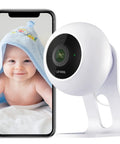 1080P Baby Monitor And Indoor Security Camera With WiFi Night Vision Motion Detection 2-Way Audio In Real Time For Baby Or Pet Watching Works On 2.4GHz Alexa Compatible No-Fuss Setup IP Cam next to phone displaying baby