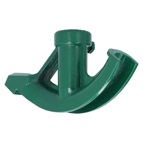 Detailed view of Heavy Duty Cast Iron Manual Pipe Bender For Electricians, green tool for bending PVC and metal pipes.
