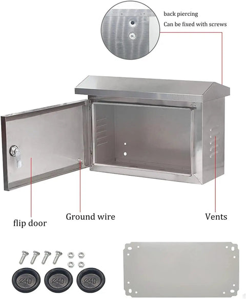 Stainless Steel Weatherproof Electrical Junction Box With Hinged Cover And Mounting Plate For Secure DIY Electrical Installations Built To Last And Tough As Nails Outdoor And Indoor Use, open front view