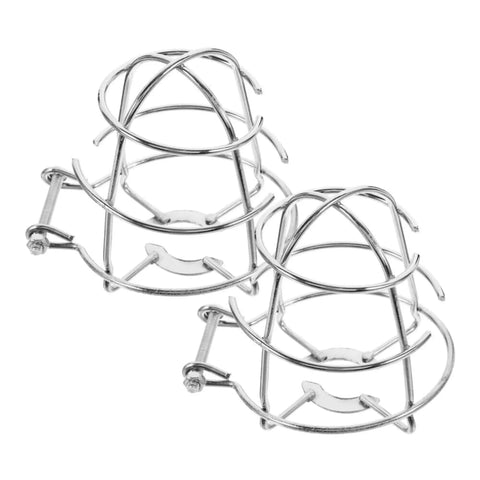 Pair Of Badass Fire Sprinkler Head Guards Made From Rust Resistant Stainless Steel Heavy Duty Cage Covers For One Half And Three Quarter Inch Systems, view of two protective cages.