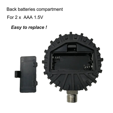 Uharbour digital tire pressure gauge with rubber protector, 1/4'' NPT bottom connector, black round unit, front view