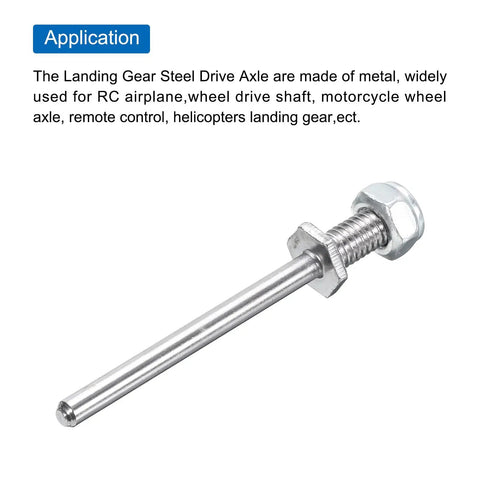 Pack Of 3 Steel Landing Gear Axles For RC Planes, Five Thirty Second Inch Diameter By Two Point Four Inch Total Length, M6 Thread, Wheel Drive Shafts With Nuts, Heavy Duty RC Aircraft Landing Gear Components. Steel axle with nut.