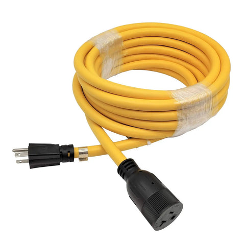 Heavy Duty NEMA 5-20 Extension Cord 5-20P To 5-20R With 5-15R Adapter in coiled yellow form with black connectors.