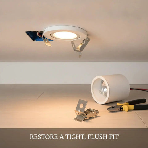 Silver PP Plastic Downlight Spring Clips for Recessed Lighting Trim Retention holding light trim in place against the ceiling.