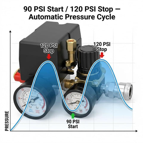 90 To 120 PSI Adjustable Air Compressor Pressure Switch For Pneumatic Tools With G One Quarter BSP Threads metal housing