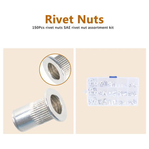 150 Piece Aluminum Rivet Nuts Kit With Flat Head For Easy Install No Fuss Pro Grade, SAE Sizes visible with case