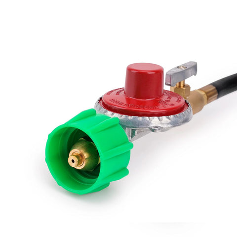 Stanbroil propane regulator hose assembly, 10 PSI high-pressure, green knob, red cap, brass fittings, front view