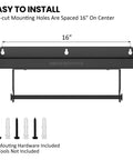 Installation diagram of 2 In 1 Wall Mounted Tool Tray With Paper Holder For Workshop Shed And Garage Heavy Duty Small Tools Rack Quick Access Storage Organizer Keeps Your Gear Ready And Neat Holds Up To 40 Lbs, showing mounting hardware and dimensions.