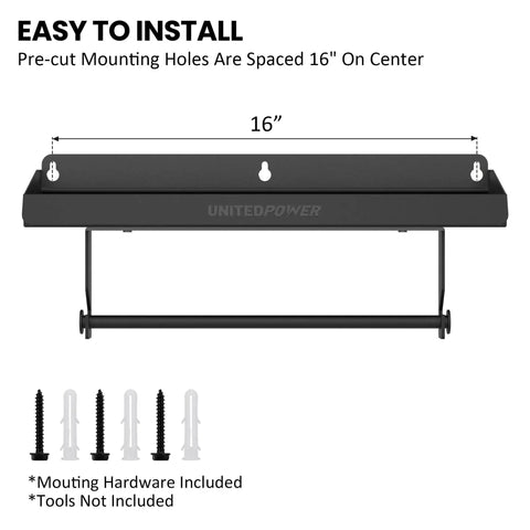 Installation diagram of 2 In 1 Wall Mounted Tool Tray With Paper Holder For Workshop Shed And Garage Heavy Duty Small Tools Rack Quick Access Storage Organizer Keeps Your Gear Ready And Neat Holds Up To 40 Lbs, showing mounting hardware and dimensions.