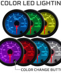 GlowShift 2-1/16 in oil pressure gauges, 7 color LED display showing blue, green, yellow, purple, red, cyan, white