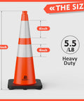 8 Pack 28 Inch Traffic Safety Cones With Heavy Weighted Base And Reflective 360 Degree Collars For Parking Lots, Road Work, And Construction Sites, Rugged Orange Cones That Stay Put And Keep Everyone Safe Day Or Night shown with measurements and weight on display.
