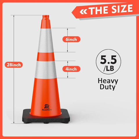 8 Pack 28 Inch Traffic Safety Cones With Heavy Weighted Base And Reflective 360 Degree Collars For Parking Lots, Road Work, And Construction Sites, Rugged Orange Cones That Stay Put And Keep Everyone Safe Day Or Night shown with measurements and weight on display.