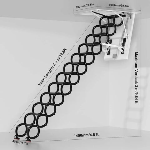 Electric Attic Ladder With Remote Control Pull Down Loft Stairs And Heavy Duty Carbon Steel with dimensions and structure details.
