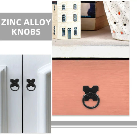 Set Of Four Black Round Ring Cabinet Pulls Handles for closet doors in zinc alloy on white and pink furniture drawers