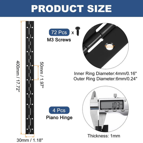 Top Shelf 18 Inch Piano Hinges, 4 Pack 304 Stainless Steel Continuous Door Hardware, Black Pre Drilled Kit With Screws, size and screw details.