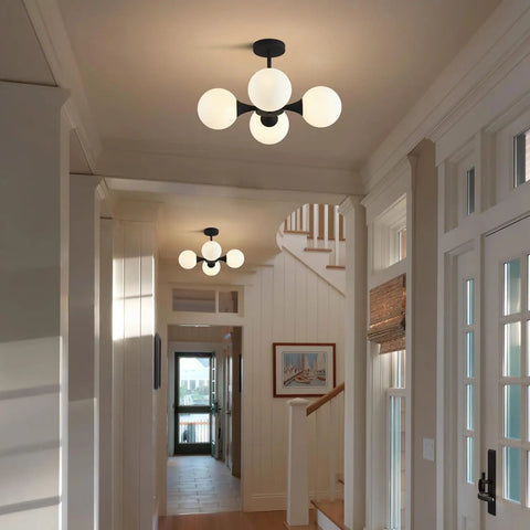 Mid Century Modern Semi Flush Mount Ceiling Light Fixture Farmhouse Black Globe Sputnik Chandelier With Four Milk Glass Globes For Hallway And Living Areas Dope Glow