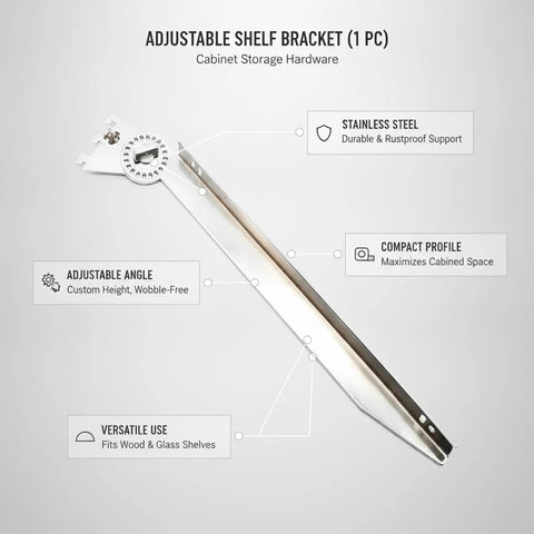 Beefy stainless steel adjustable shelf bracket, slotted design for height adjustment, cabinet storage hardware, supports glass and wood shelves.