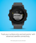 Beefy Rugged Dive Computer Watch With Sapphire Lens And Monochrome Display in Slate Gray showing screen display and silicone band.