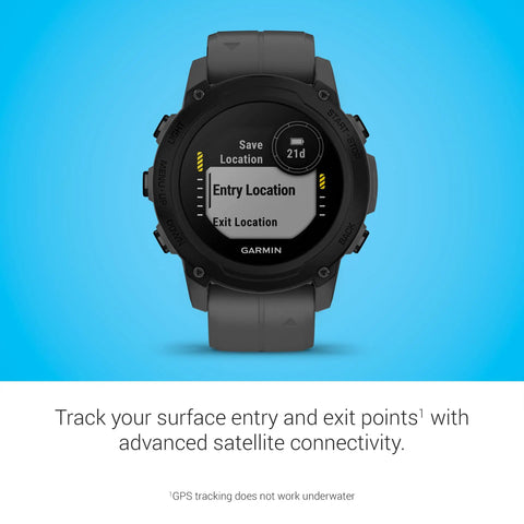 Beefy Rugged Dive Computer Watch With Sapphire Lens And Monochrome Display in Slate Gray showing screen display and silicone band.