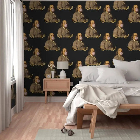 Benjamin Franklin Pvc Free Vintage Hero Wallpaper Featuring Dang Tough Polyester Blend And Rugged Linen Texture Built For High Traffic Zones With Zero Fuss Paste To Paper Install in a bedroom setting.
