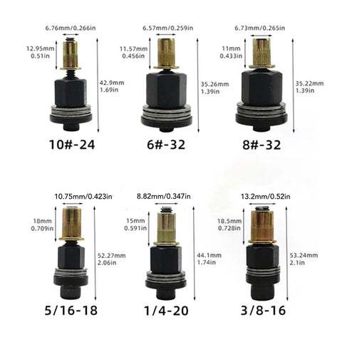 Rivet nut mandrels from 6 Piece Hand Rivet Nut Tool Mandrels Manual Rivnut Driver Set for sheet metal repairs and fabrication.