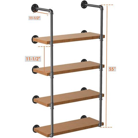 Industrial Pipe Shelving Kit 55 Inch Tall 5 Tier DIY Wall Mounted Iron Pipe Bracket System Matte Black Heavy Duty Shelving