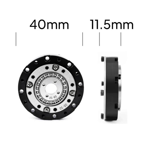 Front and side view of Compact Hollow NEMA 11 BLDC Motor Speed Reducer With 42mm Gearbox 100 To 1 Strain Wave Gear Harmonic Drive for robots.