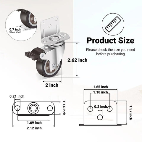 Heavy Duty Two Inch Side Mount Caster Wheels 12 Pack Rock Solid L Shaped Rubber Castors For Furniture DIY Desk And Crib Smooth Rolling Built Tough No Sweat Setup size guide displaying dimensions of the caster wheel.