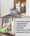 Top Shelf Pull Out Cabinet Organizer, Heavy Duty Pantry Drawer Rack For Kitchen Laundry Room, Rock Solid Slide Out Storage Rack For Pots Towels And Cleaning Supplies, Clean White with various items inside.