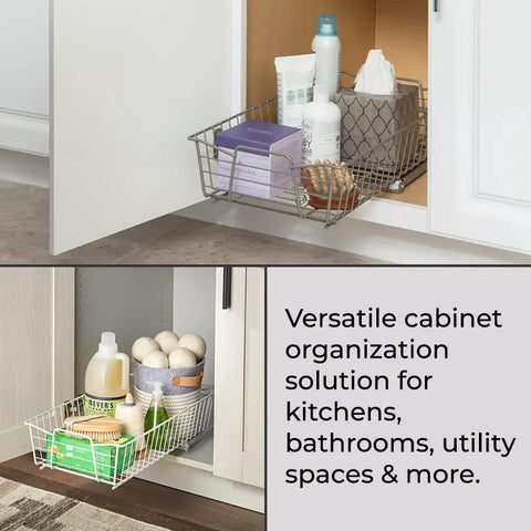 Top Shelf Pull Out Cabinet Organizer, Heavy Duty Pantry Drawer Rack For Kitchen Laundry Room, Rock Solid Slide Out Storage Rack For Pots Towels And Cleaning Supplies, Clean White with various items inside.