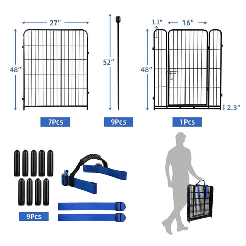 Tall 48 Inch High Garden Fence With Gate Heavy Duty Iron Pet Fence 17.7 Feet Total Length Eight Panels, accessories displayed.