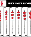Heavy Duty Six Piece Speed Feed Wood Drill Bit Set With Fast Self Feeding Auger Tips For Quick Hole Making From Half Up To One Quarter Plus Inches On Lumber And Plywood Without Breaking A Sweat includes various bit sizes.