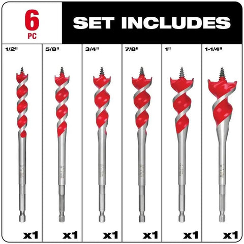 Heavy Duty Six Piece Speed Feed Wood Drill Bit Set With Fast Self Feeding Auger Tips For Quick Hole Making From Half Up To One Quarter Plus Inches On Lumber And Plywood Without Breaking A Sweat includes various bit sizes.