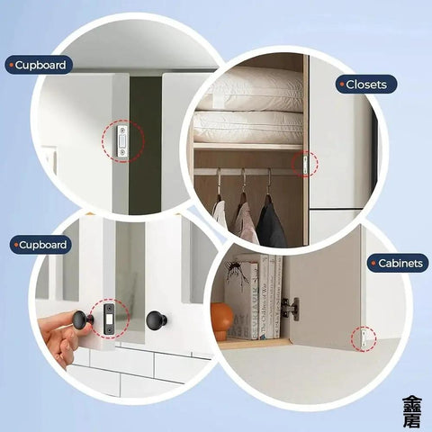 3 Pack Magnetic Door Catches Featuring Zero Drill Hassle And Rock Solid Adhesive Mounting, showing installation in cupboards and closets.