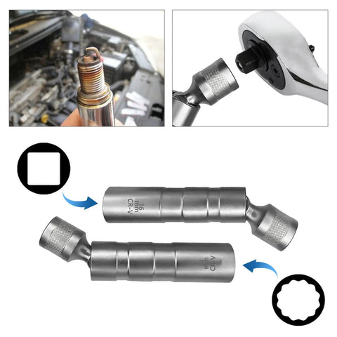 14mm And 16mm Thin Wall Magnetic Swivel Spark Plug Socket Set, Three Eighths Drive, 12 Point, Universal Joint, 360 Degree Rotating, Hella Easy In Tight Engine Bays, Works With BMW Nissan And More. 16mm chrome vanadium swivel socket