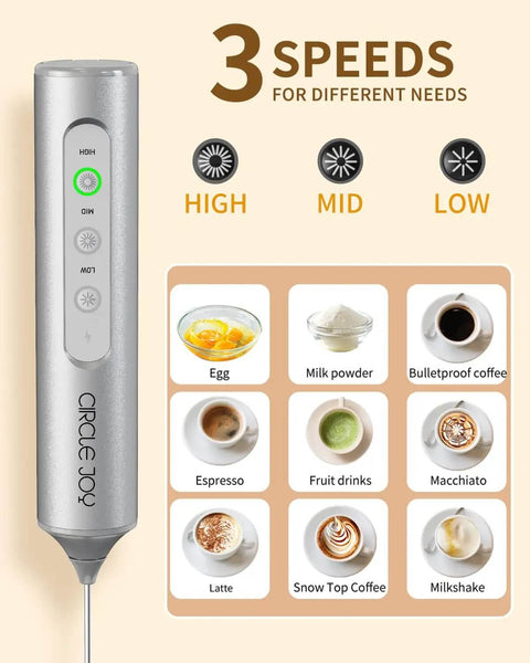 Top Drawer Rechargeable Handheld Milk Frother Wand With Three Adjustable Speed Levels And Solid Stainless Whisks showing speed settings and drink options.