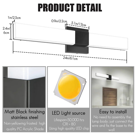 Product detail of 24 Inch Dimmable Bathroom Vanity Light Matte Black Wall Mount With 20W LED Three Color Temperatures
