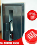 Emergency Key Box With Break Glass For Grab And Go Quick Entry Red Linkage Door Lock Box, wall-mounted, stainless steel frame, close-up view